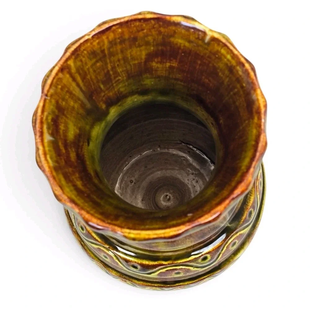 Signed Studio Pottery Vase Olive Green Brown Glaze Incised Design 6.75